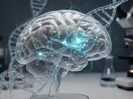 Ein detailliertes Modell eines menschlichen Gehirns mit leuchtenden neuronalen Netzwerken und DNA-Strängen, die genetische Forschung symbolisieren. - Foto: über boerse-global.de
