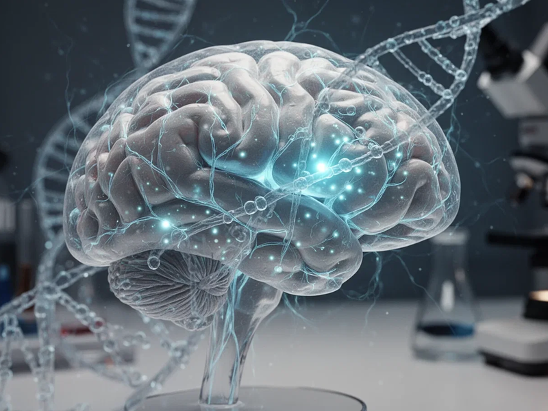 Ein detailliertes Modell eines menschlichen Gehirns mit leuchtenden neuronalen Netzwerken und DNA-Strängen, die genetische Forschung symbolisieren. - Foto: über boerse-global.de