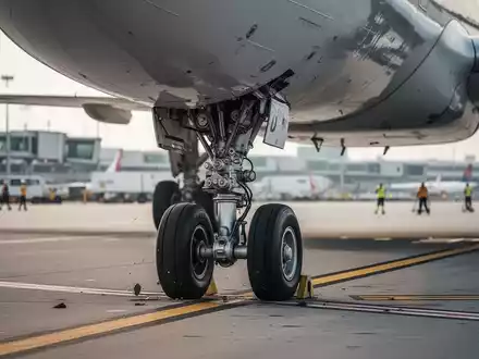 A close-up view of a large aircraft's nose landing gear collapsed onto the tarmac at an airport, with blurred activity in the background. - Foto: über boerse-global.de