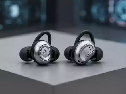 A sleek, modern pair of silver and black clip-on earbuds resting on a minimalist grey surface, highlighting their design. - Foto: über boerse-global.de