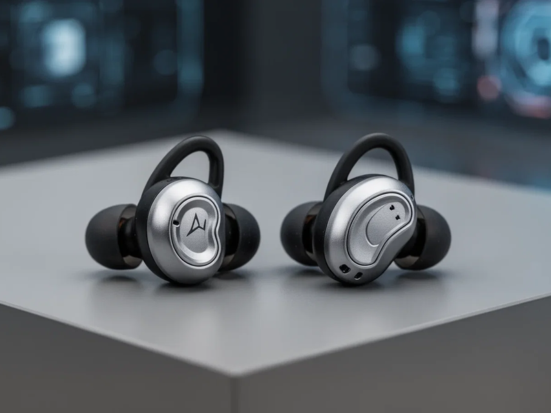 A sleek, modern pair of silver and black clip-on earbuds resting on a minimalist grey surface, highlighting their design. - Foto: über boerse-global.de