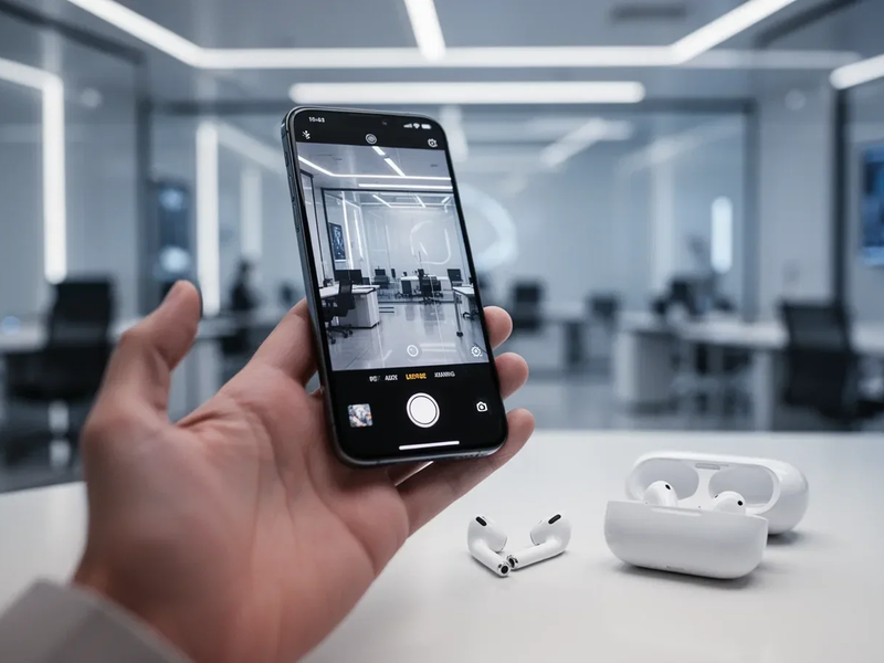 Eine Hand hält ein iPhone, das eine Kamera-App anzeigt, mit AirPods im Vordergrund, die Fernsteuerung andeuten. - Foto: über boerse-global.de