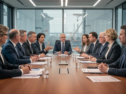 Eine Gruppe neu gewählter Betriebsräte und Gewerkschaftsvertreter in einem Besprechungsraum, die über industrielle Transformation diskutieren. - Foto: über boerse-global.de