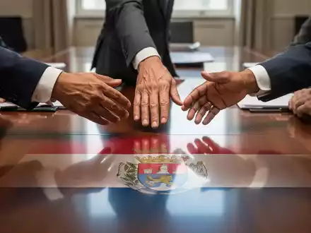 Drei Hände, die über einen Konferenztisch reichen, symbolisieren Verhandlungen zwischen Regierung, Arbeitgebern und Arbeitnehmern. - Foto: über boerse-global.de