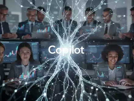 A stylized, glowing neural network converging towards a subtle 'Copilot' icon, with blurred professionals in the background. - Foto: über boerse-global.de