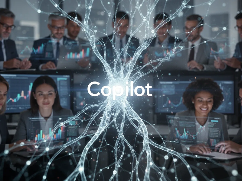 A stylized, glowing neural network converging towards a subtle 'Copilot' icon, with blurred professionals in the background. - Foto: über boerse-global.de
