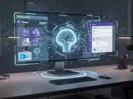 A futuristic AI assistant interface projected onto a desktop, interacting with Microsoft 365 applications. - Foto: über boerse-global.de