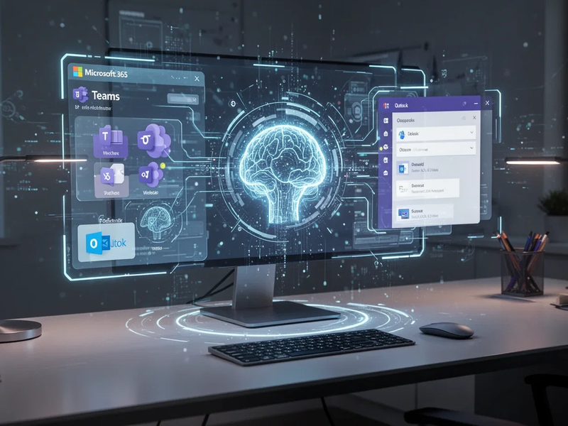 A futuristic AI assistant interface projected onto a desktop, interacting with Microsoft 365 applications. - Foto: über boerse-global.de