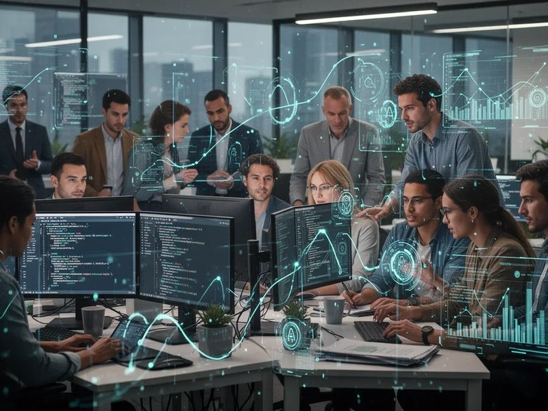 IT-Mitarbeiter nutzen KI-Assistenten in einem modernen Büro mit holografischen Schnittstellen. - Foto: über boerse-global.de
