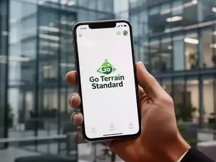 Eine Hand hält ein Smartphone mit der Go Terrain Standard App vor einem verschwommenen Bürogebäude. - Foto: über boerse-global.de