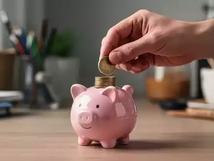 Eine Hand legt eine Münze in ein kleines Sparschwein. Im Hintergrund sind alltägliche Haushaltsgegenstände verschwommen zu sehen. - Foto: über boerse-global.de