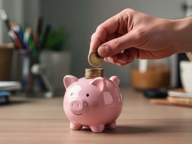 Eine Hand legt eine Münze in ein kleines Sparschwein. Im Hintergrund sind alltägliche Haushaltsgegenstände verschwommen zu sehen. - Foto: über boerse-global.de