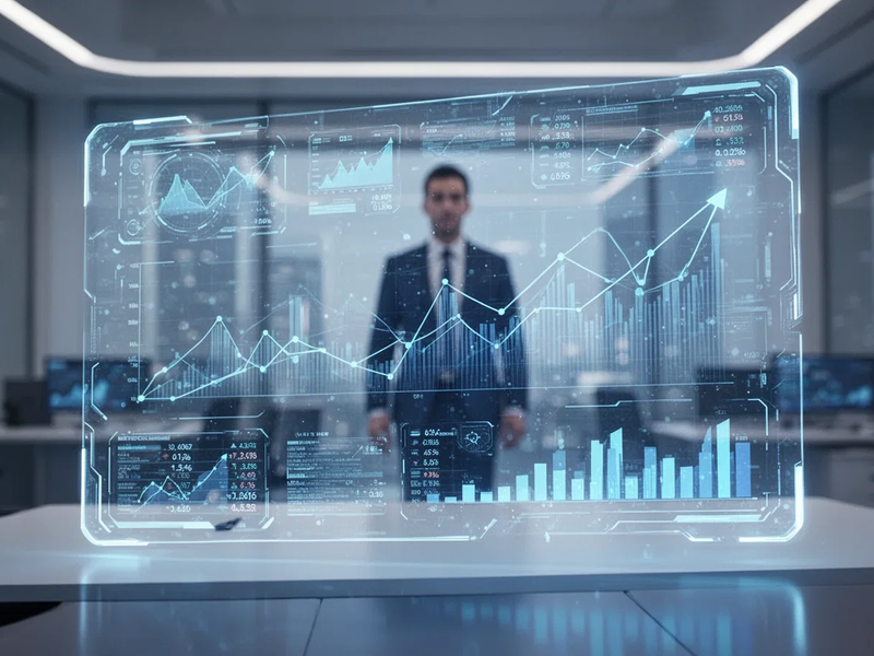 Eine futuristische Büroumgebung mit einem leuchtenden blauen KI-Interface, das Finanzdaten auf einem transparenten Bildschirm anzeigt. - Foto: über boerse-global.de