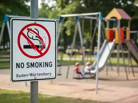 Ein Rauchverbotsschild steht prominent neben einem Kinderspielplatz in Baden-Württemberg. Im Hintergrund sind verschwommen Spielgeräte zu sehen. - Foto: über boerse-global.de