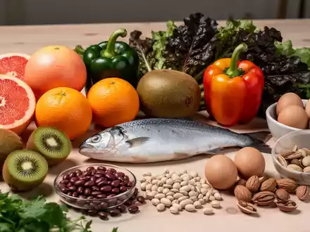 Eine Stillleben-Anordnung von gesunden Lebensmitteln wie Grapefruit, Orangen, Kiwi, Paprika, Blattgemüse, Fisch, Eiern und Nüssen. - Foto: über boerse-global.de