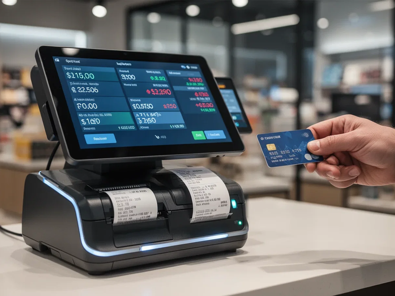 Ein modernes elektronisches Kassensystem mit einem kurzen Beleg und einer Hand, die eine Kreditkarte hält, in einem Geschäft. - Foto: über boerse-global.de