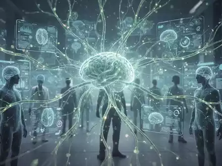 Abstrakte Darstellung von mentaler Gesundheitsversorgung, wo leuchtende neuronale Pfade menschliche Silhouetten mit digitalen Schnittstellen verbinden. - Foto: über boerse-global.de