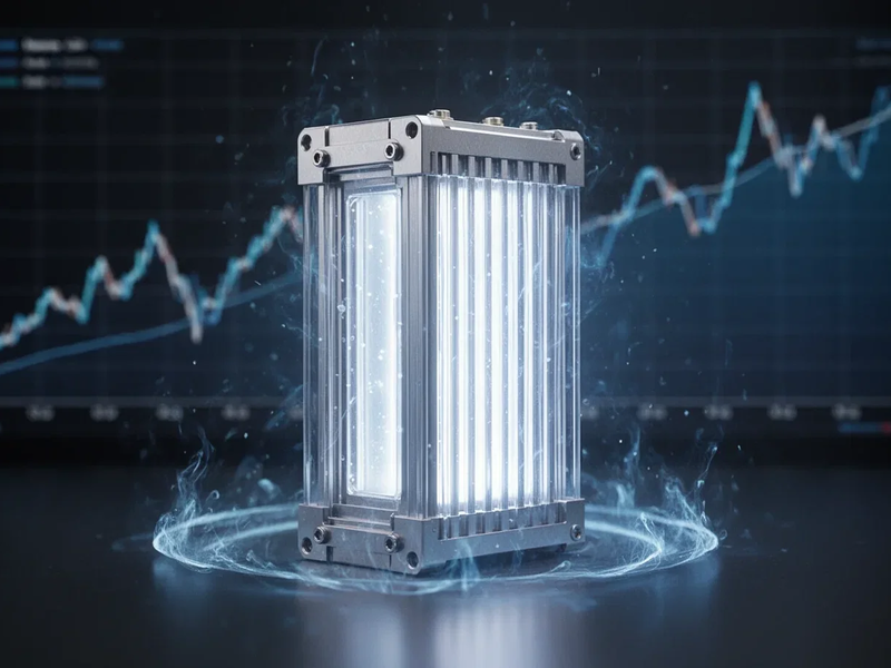 Eine einzelne leuchtende Wasserstoff-Brennstoffzelle vor einem unscharfen Diagramm mit Aufwärtstrend und Rücksetzer. - Foto: über boerse-global.de