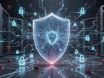 Ein stilisiertes, leuchtendes digitales Schild schützt ein Netzwerk von Servern und Endpunkten, mit abstrakten Linien, die Datenfluss und Cyber-Bedrohungen darstellen. - Foto: über boerse-global.de