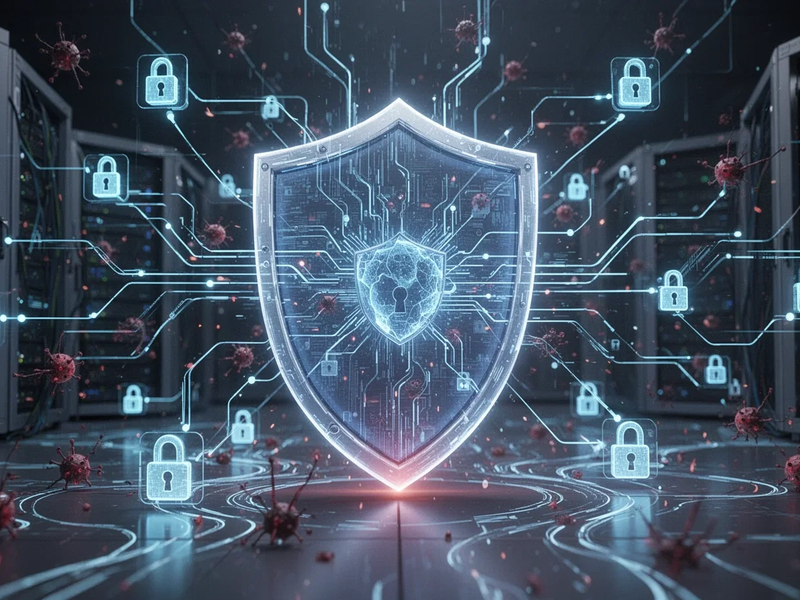 Ein stilisiertes, leuchtendes digitales Schild schützt ein Netzwerk von Servern und Endpunkten, mit abstrakten Linien, die Datenfluss und Cyber-Bedrohungen darstellen. - Foto: über boerse-global.de