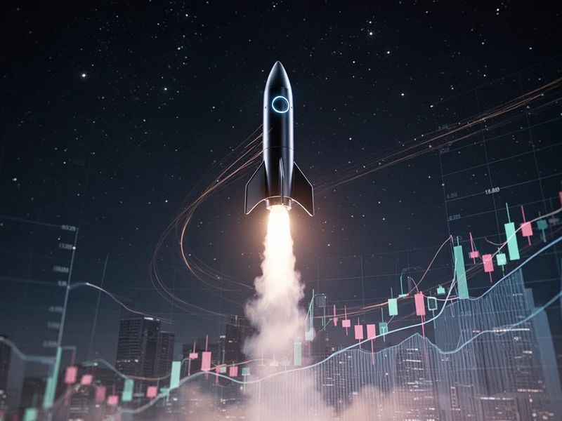 Eine elegante Rakete startet in den Nachthimmel, mit stilisierten Finanzdaten im Vordergrund, die Innovation und Wachstum symbolisieren. - Foto: über boerse-global.de