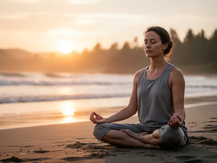 Eine ruhige Person meditiert am Strand bei Sonnenaufgang, symbolisiert Stressbewältigung und Achtsamkeit in der Natur. - Foto: über boerse-global.de