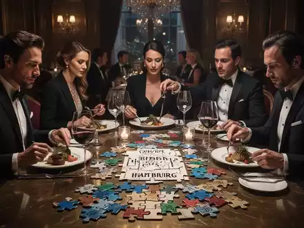 Ein eleganter Esstisch in einem luxuriösen Restaurant in Hamburg mit Personen, die bei einem Gourmet-Menü ein Rätsel lösen. - Foto: über boerse-global.de