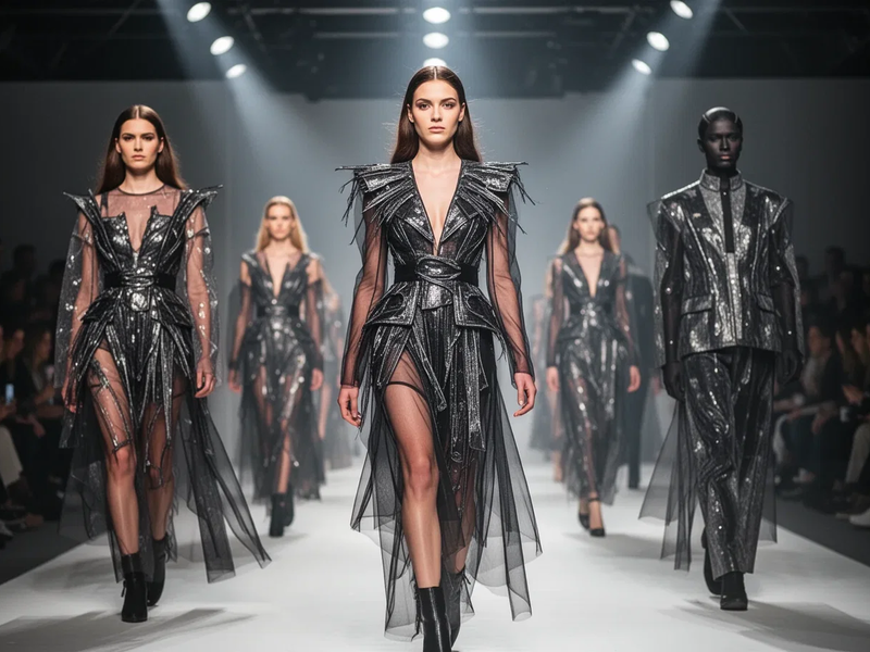 Models präsentieren avantgardistische Mode auf einem Laufsteg mit dramatischer Beleuchtung, Publikum im Hintergrund. - Foto: über boerse-global.de