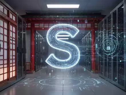 Ein stilisiertes, leuchtendes digitales 'S'-Symbol, das ServiceNow darstellt, integriert in japanische Architekturelemente und Datenvisualisierung. - Foto: über boerse-global.de