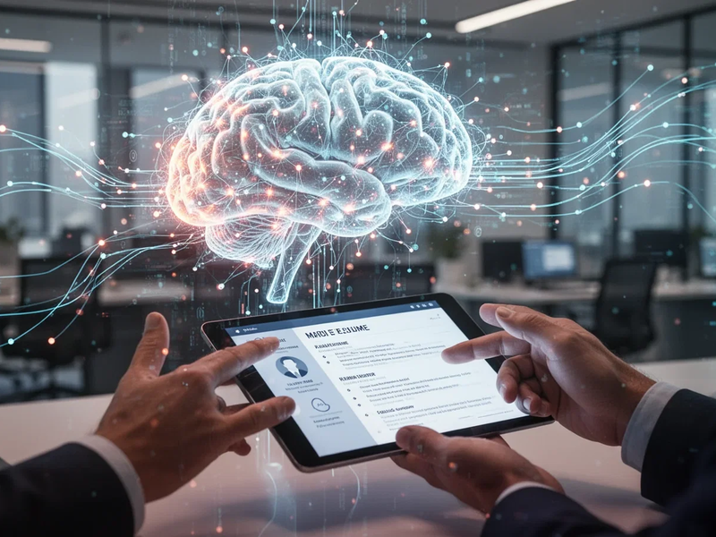 Ein stilisiertes neuronales Netzwerk interagiert mit menschlichen Händen, die digitale Lebensläufe auf einem Tablet prüfen. - Foto: über boerse-global.de