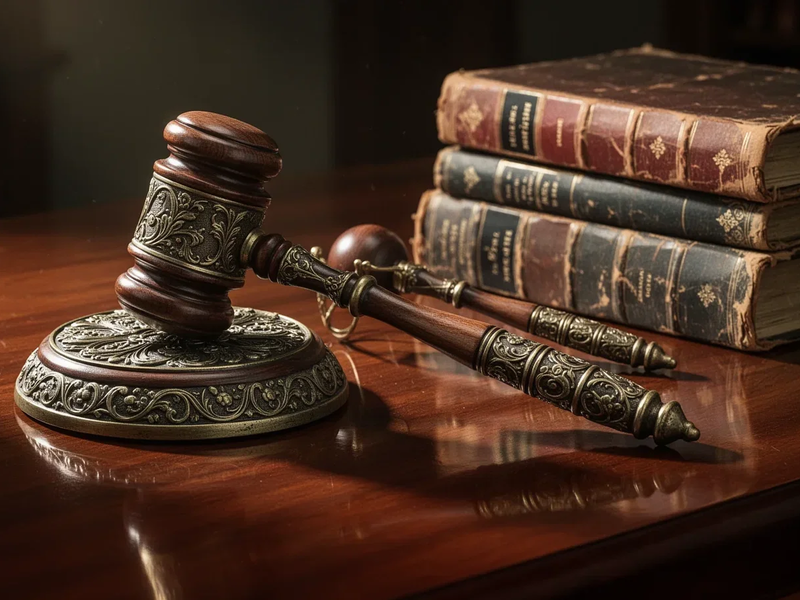 Ein antiker Richterholzhammer und Gesetzesbücher auf einem Holztisch, symbolisieren eine Gerichtsentscheidung und Rechtsprechung. - Foto: über boerse-global.de