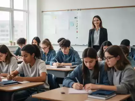 Schüler konzentrieren sich in einem modernen Klassenzimmer ohne Handys, während ein Lehrer sie beobachtet. - Foto: über boerse-global.de