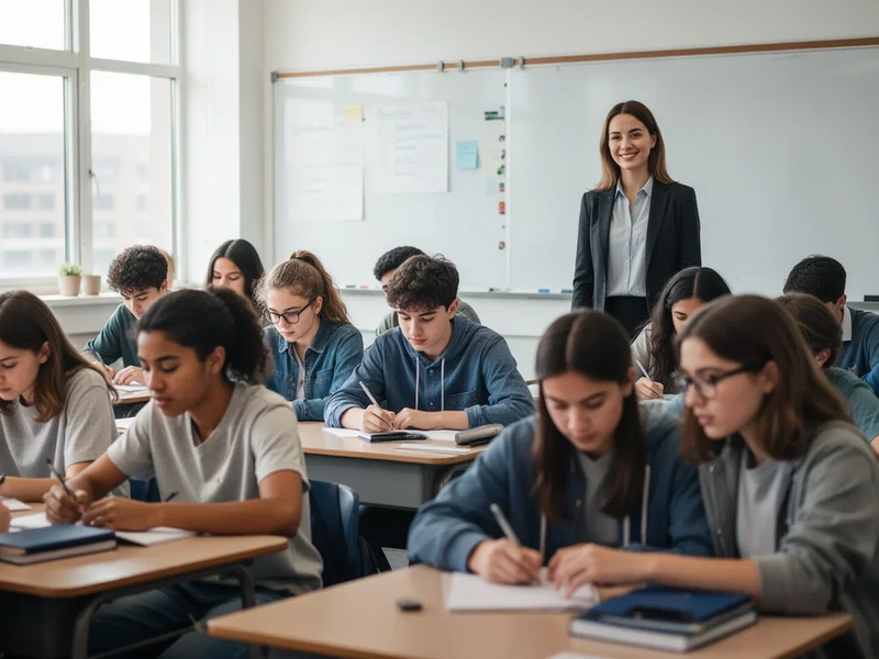 Schüler konzentrieren sich in einem modernen Klassenzimmer ohne Handys, während ein Lehrer sie beobachtet. - Foto: über boerse-global.de