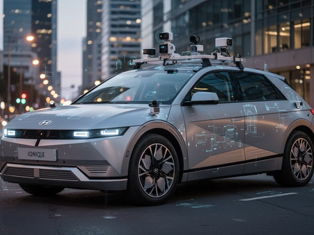 A high-tech Hyundai Ioniq 5 electric vehicle, outfitted with numerous sensors for autonomous data collection, on a city street. - Foto: über boerse-global.de