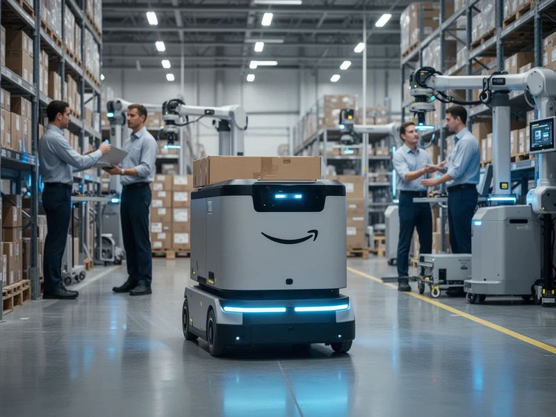 Ein fortschrittlicher autonomer mobiler Roboter (AMR) in einem modernen Lager, der eine Last transportiert, mit menschlichen Arbeitern im Hintergrund. - Foto: über boerse-global.de