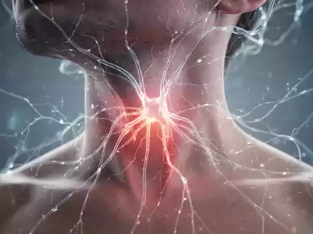 Nahaufnahme eines menschlichen Halses mit angedeuteter Vagusnerv-Region, überlagert von leuchtenden neuronalen Netzlinien und bioelektrischen Signalen. - Foto: über boerse-global.de
