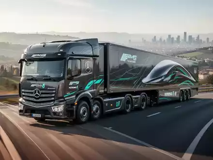 Ein Mercedes-Benz eActros 600 Elektro-Lkw mit Mercedes-AMG Petronas F1 Team-Branding fährt auf einer europäischen Autobahn. - Foto: über boerse-global.de