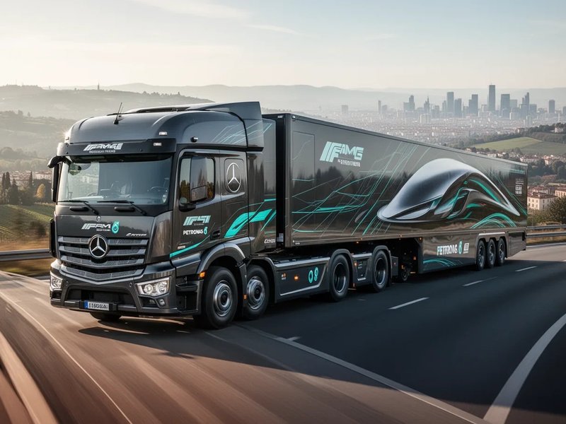 Ein Mercedes-Benz eActros 600 Elektro-Lkw mit Mercedes-AMG Petronas F1 Team-Branding fährt auf einer europäischen Autobahn. - Foto: über boerse-global.de