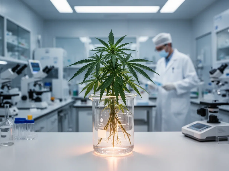 Eine Cannabis-Pflanze in einem Becherglas in einem sterilen, modernen pharmazeutischen Labor mit medizinischer Ausrüstung im Hintergrund. - Foto: über boerse-global.de