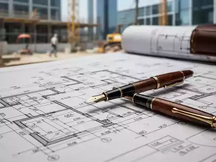 Eine detaillierte Nahaufnahme eines Bauplans oder einer architektonischen Zeichnung mit einem alten Füllfederhalter darauf. - Foto: über boerse-global.de