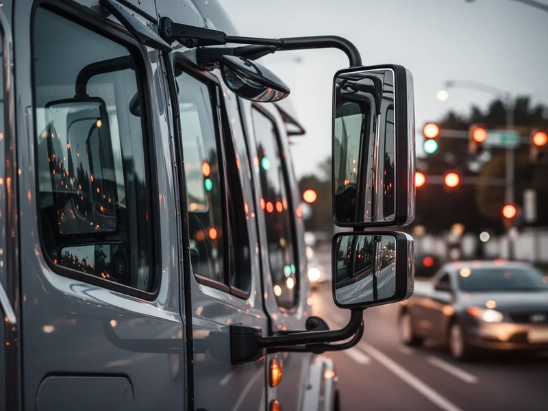 Nahaufnahme der Spiegel eines Lastwagens, die eine unscharfe Straßenszene mit Ampeln und einem Auto widerspiegeln. - Foto: über boerse-global.de