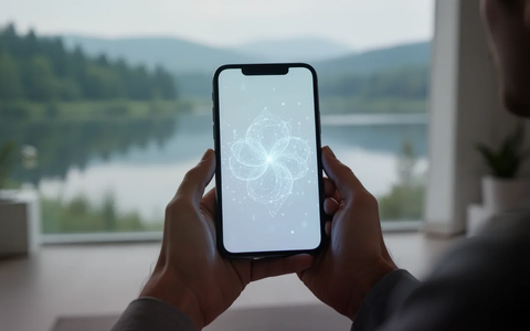 Eine Person hält ein Smartphone in den Händen, der Bildschirm zeigt eine abstrakte Darstellung von digitalem Wohlbefinden. Im Hintergrund ist eine ruhige Landschaft oder ein minimalistischer Raum verschwommen zu sehen. - Foto: über boerse-global.de