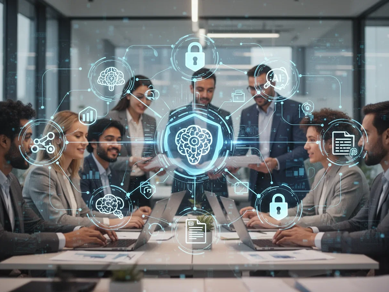 Eine stilisiertes digitales Interface zeigt vernetzte Symbole für Datenmanagement, KI und sicheren Dateiaustausch, überlagert auf ein Marketingteam. - Foto: über boerse-global.de