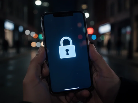 Nahaufnahme eines Smartphones mit einem Schlosssymbol auf dem Bildschirm, gehalten in einer städtischen Nachtumgebung. - Foto: über boerse-global.de