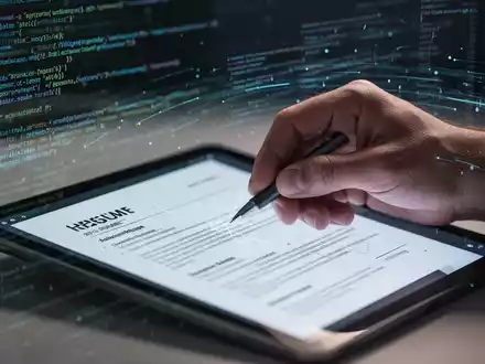 Eine Nahaufnahme einer Hand, die auf einem Tablet einen Lebenslauf prüft, mit abstrakten digitalen Mustern im Hintergrund. - Foto: über boerse-global.de