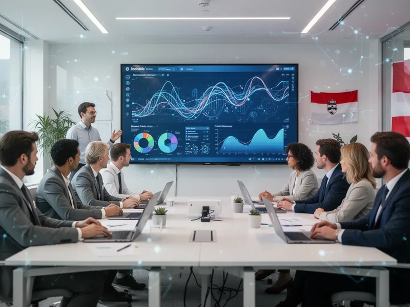 Eine Gruppe von Fachleuten in einem modernen österreichischen Büro, die an einer Weiterbildung teilnehmen, mit einem Bildschirm im Hintergrund. - Foto: über boerse-global.de