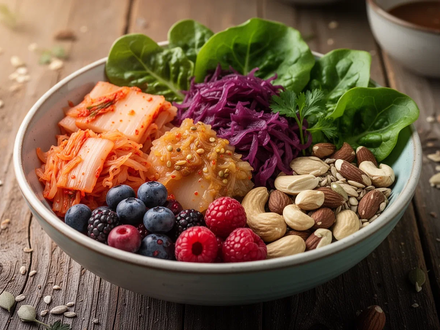Eine Nahaufnahme einer Schale mit fermentierten Lebensmitteln und Ballaststoffen wie Kimchi, Beeren und Nüssen auf einem Holztisch. - Foto: über boerse-global.de