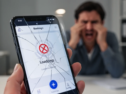 A smartphone displaying an error message on a banking app, with a frustrated person blurred in the background, symbolizing digital service disruption. - Foto: über boerse-global.de