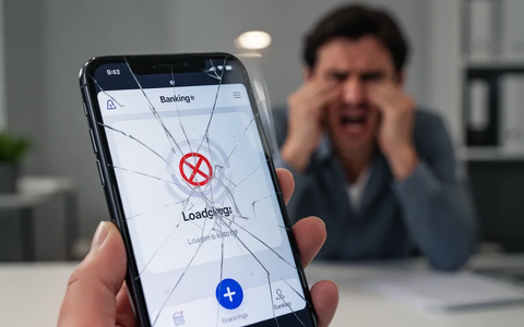 A smartphone displaying an error message on a banking app, with a frustrated person blurred in the background, symbolizing digital service disruption. - Foto: über boerse-global.de