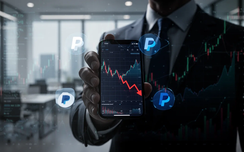 A shadowy business figure holding a phone with a downward stock chart and PayPal-like icons, in a blurred office. - Foto: über boerse-global.de